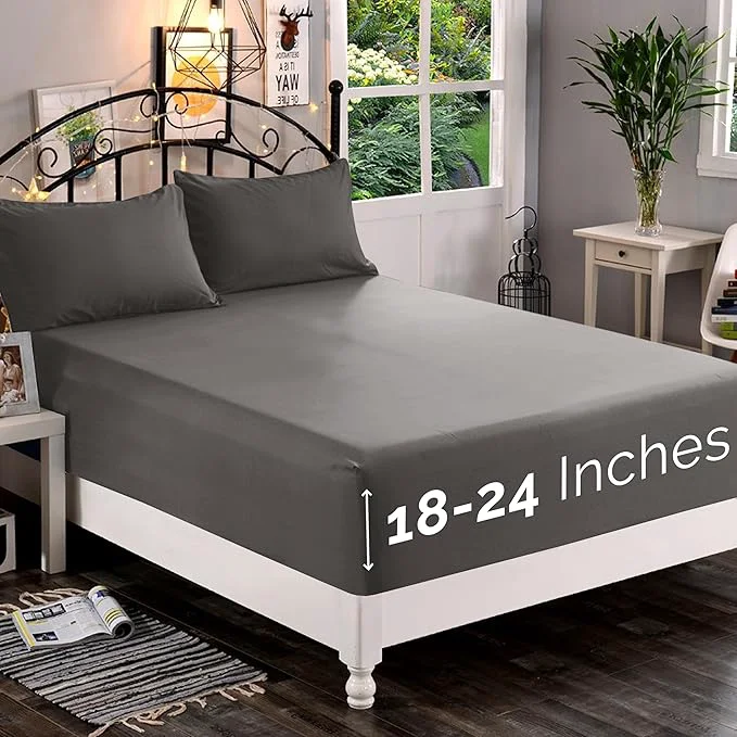 Relaxed Elegant Comfort 1500 Premium Quality Fitted Sheet Ultra Soft 18-24 Inch Extra Deep Pocket – Single Fitted Sheet for High Mattress – Wrinkle with Smart Storage Pockets Queen Gray Breathable