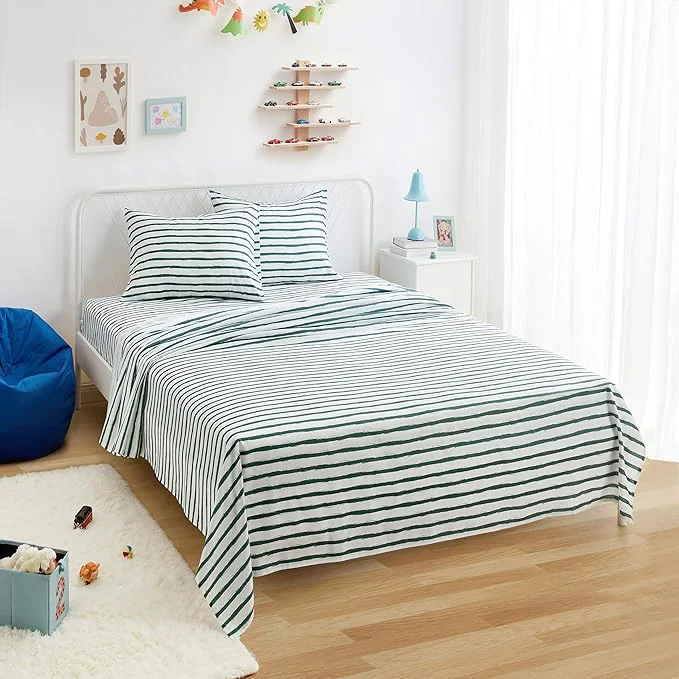 Luxury Amazon Basics Microfiber Kids 39 Sheet Set with Pillowcase 4-Piece Full Green Stripes Convenient
