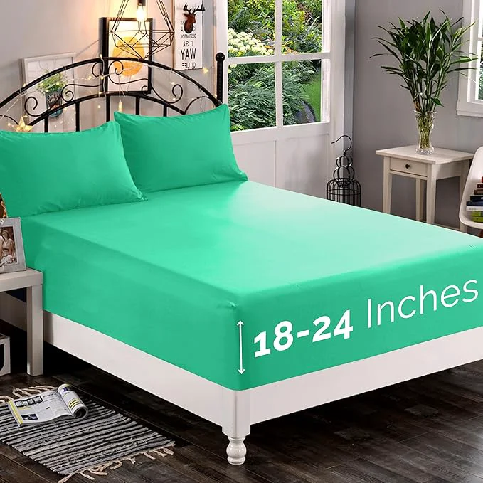 Advanced Elegant Comfort 1500 Premium Quality Fitted Sheet Ultra Soft 18-24 Inch Extra Deep Pocket – Single Fitted Sheet for High Mattress – Wrinkle with Smart Storage Pockets Cal King Paradise Teal Efficient