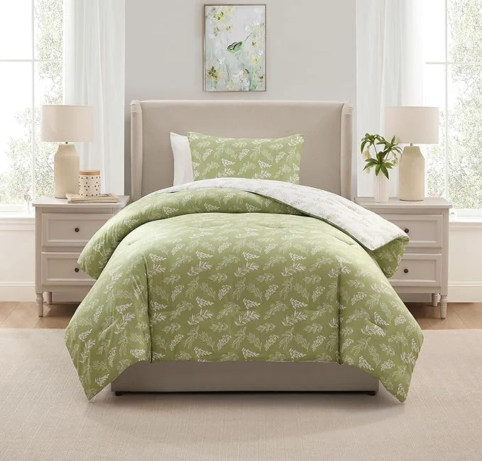 Stylish Nestl Twin Twin XL Comforter Set – Sage Green Bed in a Bag Twin 2 Pieces Reversible Bed Set Soft Floral Bedding Set for College Dorm All Season Botanical Comforters with Pillow Sham Crafted