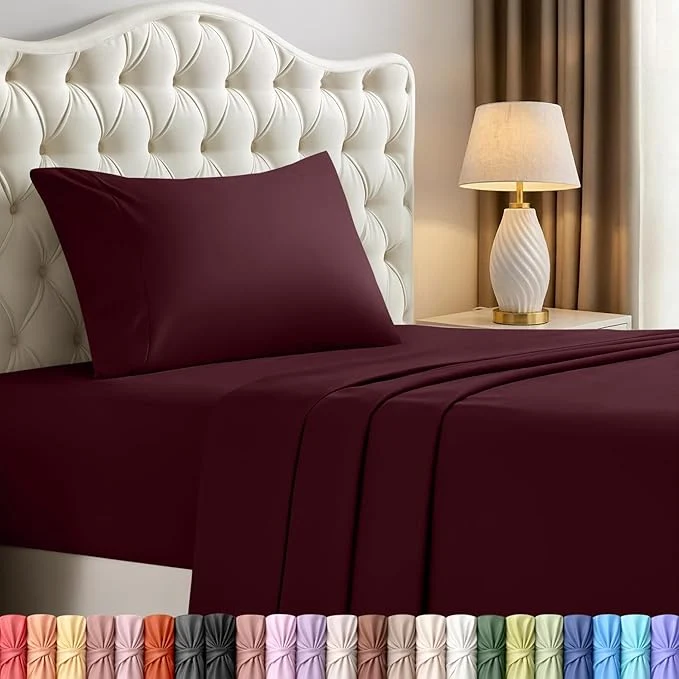 Sustainable Utopia Bedding Twin Sheet Set – 3 Piece Bed Sheets for Twin Size Bed Soft and Breathable Microfiber Includes 1 Fitted Sheet 1 Flat Sheet and 1 Pillowcase – Oeko Tex Burgundy Classic