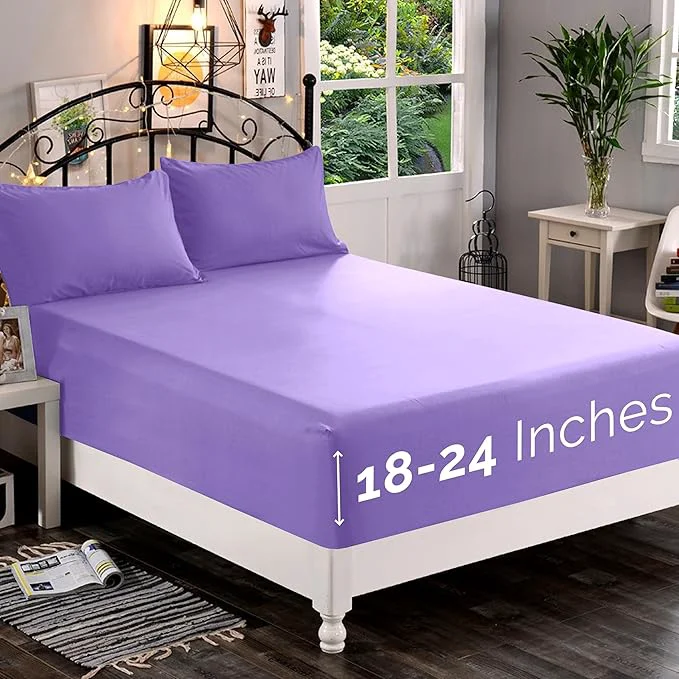 Recyclable Elegant Comfort 1500 Premium Quality Fitted Sheet Ultra Soft 18-24 Inch Extra Deep Pocket – Single Fitted Sheet for High Mattress – Wrinkle with Smart Storage Pockets Full Lavender Certified