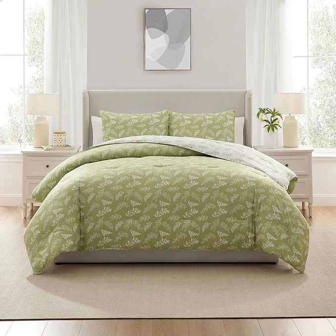 High-Grade Nestl Queen Comforter Set – Sage Green Bed in a Bag Queen Size 3 Pieces Reversible Bed Set Soft Floral Bedding Set All Season Botanical Comforters with Pillow Shams Genuine