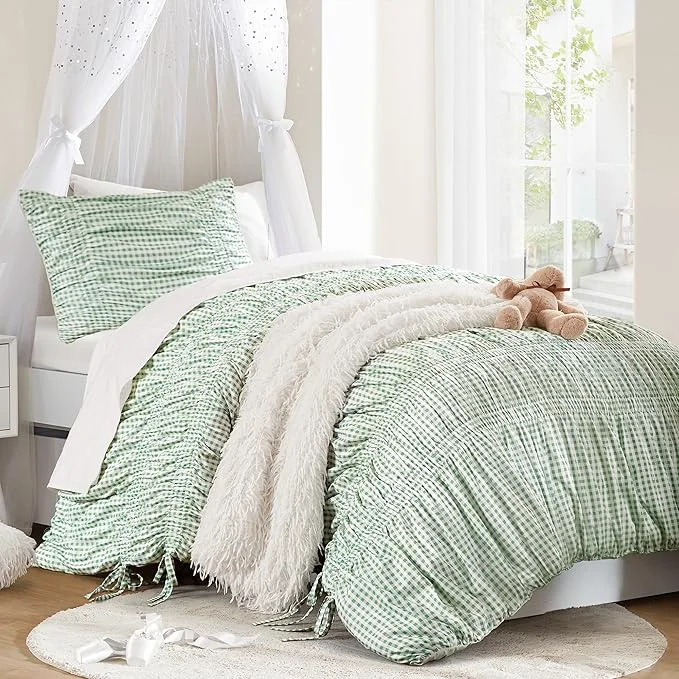 Versatile Intelligent Design Ella Twin Comforter Set – Ruched Gingham Shabby Chic Bedding Bow-Tie Detail All Season Lightweight 3 Piece Bedding Set Sham Twin Twin XL Green Refined