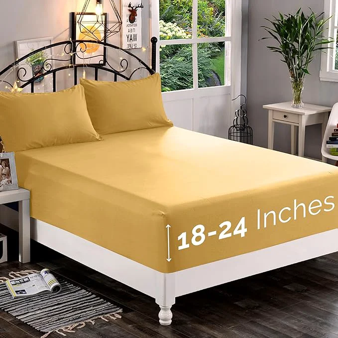 Enhanced Elegant Comfort 1500 Premium Quality Fitted Sheet Ultra Soft 18-24 Inch Extra Deep Pocket – Single Fitted Sheet for High Mattress – Wrinkle with Smart Storage Pockets Queen Camel-Gold Traditional
