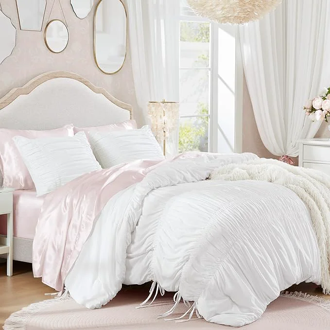 Traditional Intelligent Design Queen Comforter Set Ruched Shabby Chic Comforters for Queen Size Bed All Season Lightweight Comforter Queen French Country Bedding Set Shams Ella Full Queen White 3 Piece Stylish