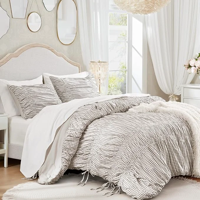 Certified Intelligent Design Ella King Comforter Set – Ruched Gingham Shabby Chic Bedding Bow-Tie Detail All Season Lightweight 3 Piece Bedding Set Sham King Cal King Brown Carefully Designed