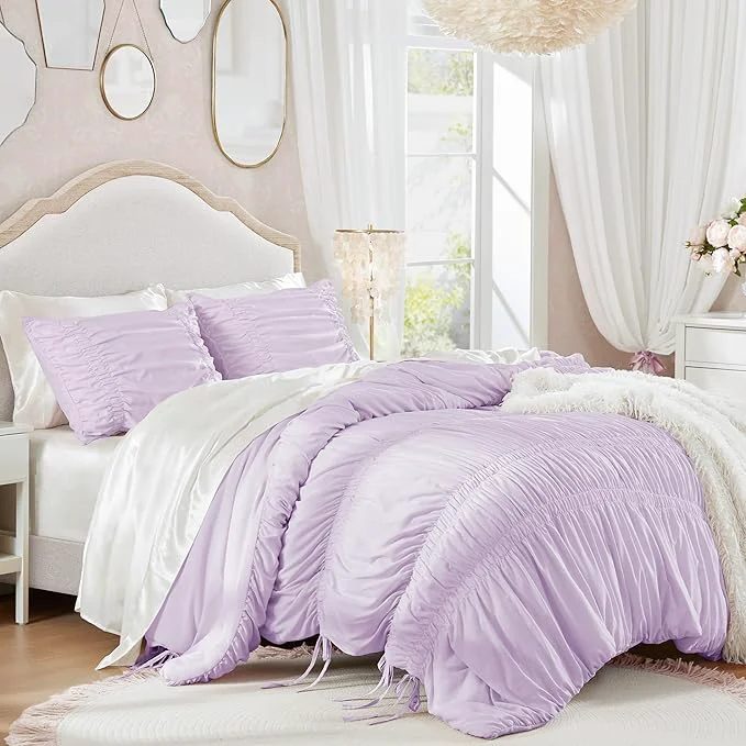 Superior Intelligent Design King Comforter Set Ruched Shabby Chic Comforters for King Size Bed All Season Lightweight Purple Ruffle French Country Bedding Set Shams Ella King Cal King Lavender 3 Piece Soft