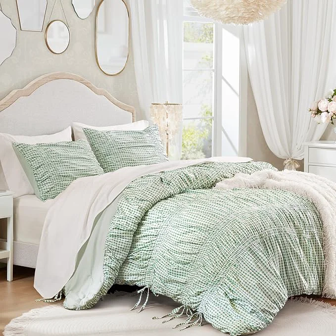Selected Intelligent Design Ella Queen Comforter Set – Ruched Gingham Shabby Chic Bedding Bow-Tie Detail All Season Lightweight 3 Piece Bedding Set Sham Full Queen Green Artisan