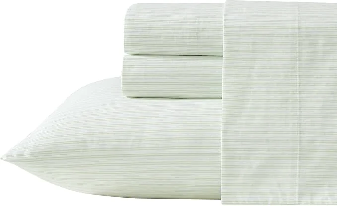 Classic Laura Ashley – Queen Sheet Set Crisp amp Cool Cotton Percale Bed Sheets Deep Pockets Striped Bedding with Matching Fitted Sheet amp Pillowcases Bedford Skinny Stripe Green Expertly Made