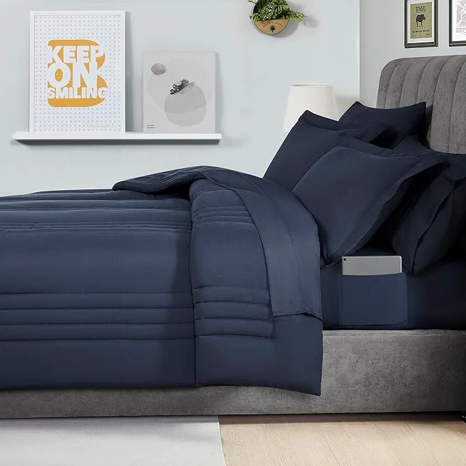 Easy-to-Use Queen Comforter Set Quilted Stripe Bedding Bundle – Comforter Mattress Protector Sheets with Pockets on the Side amp Built-in Corner Strap – Fitted Sheet Media Pocket for Devices Navy Blue Traditional