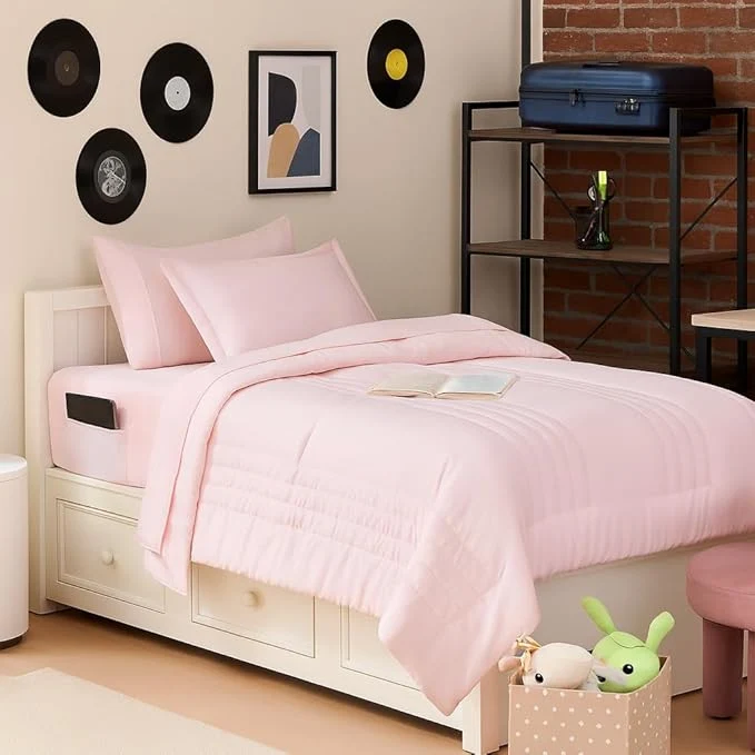 Unique Twin Size Comforter Set Quilted Stripe Bedding Bundle – Comforter Mattress Protector Sheets with Pockets on the Side amp Built-in Corner Strap – Fitted Sheet Media Pocket for Devices Pale Pink Professional