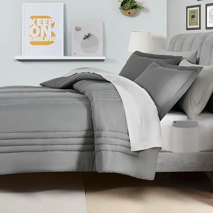 Superior Queen Comforter Set Quilted Stripe Bedding Bundle – Comforter Mattress Protector Sheets with Pockets on the Side amp Built-in Corner Strap – Fitted Sheet Media Pocket for Devices Gray Silver Official
