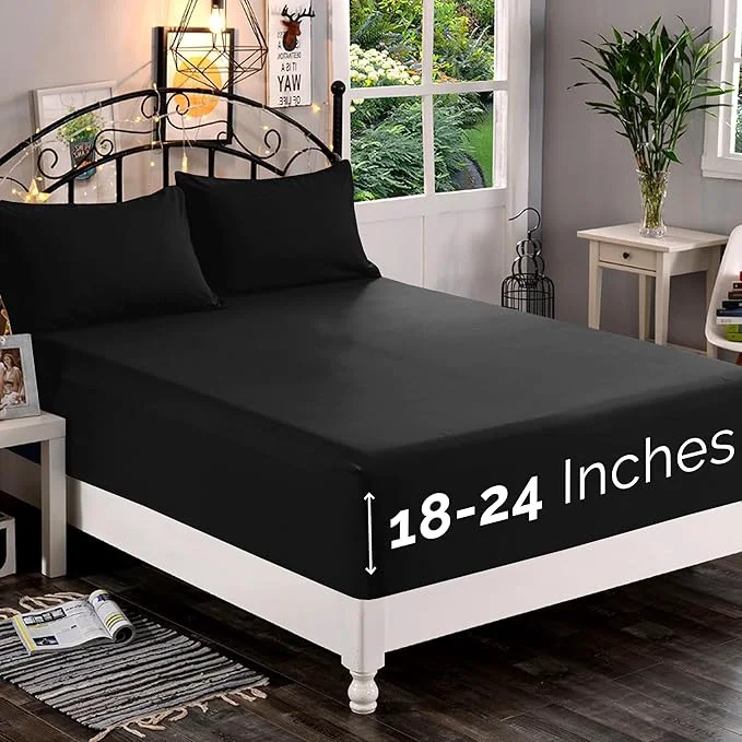 Excellent Elegant Comfort 1500 Premium Quality Fitted Sheet Ultra Soft 18-24 Inch Extra Deep Pocket – Single Fitted Sheet for High Mattress – Wrinkle with Smart Storage Pockets Twin Twin XL Black First-Class