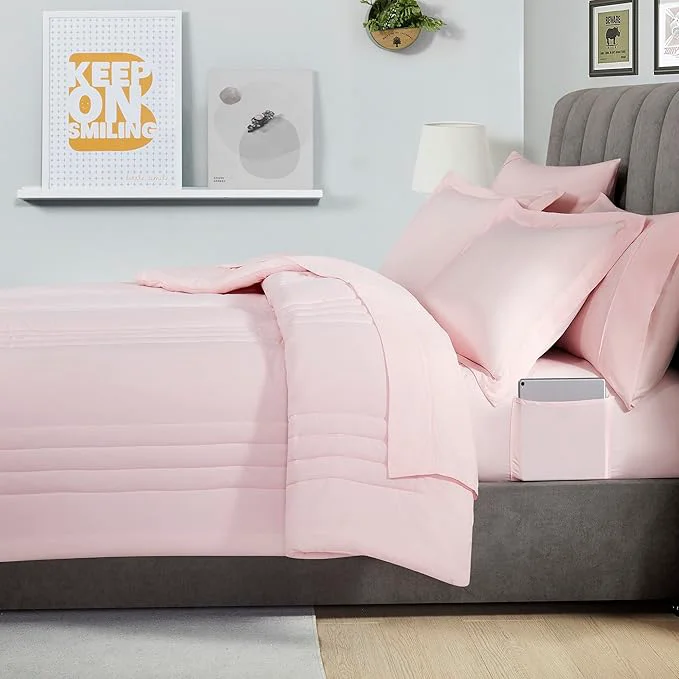 Original Full Size Comforter Set Quilted Stripe Bedding Bundle – Comforter Mattress Protector Sheets with Pockets on the Side amp Built-in Corner Strap – Fitted Sheet Media Pocket for Devices Pale Pink Breathable