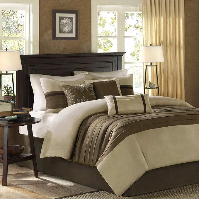 Certified Madison Park Palmer Comforter Set – Faux Suede Design Striped Accent All Season Down Bedding Matching Shams Decorative Pillow Bed Skirt King 104 in x 92 in Natural 7 Piece Stylish