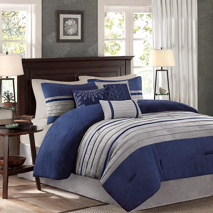 Crafted Madison Park Palmer Comforter Set-Luxury Faux Suede Design Striped Accent All Season Down Bedding Matching Shams Decorative Pillow Bed Skirt Queen 90 in x 90 in Blue 7 Piece Effective