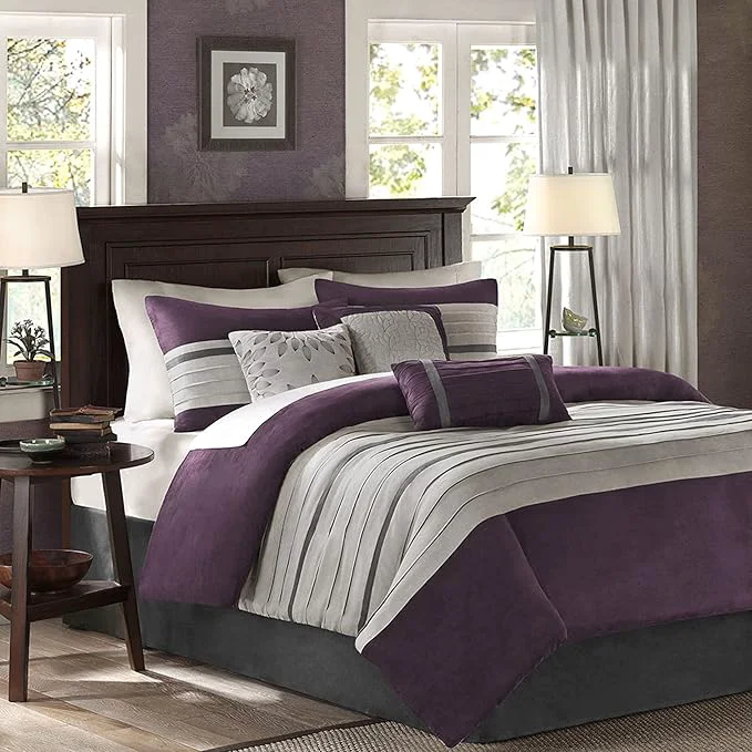 Casual Madison Park Palmer Comforter Set – Faux Suede Design Striped Accent All Season Down Bedding Matching Shams Decorative Pillow Bed Skirt Full 82 in x 90 in Purple 7 Piece Recyclable