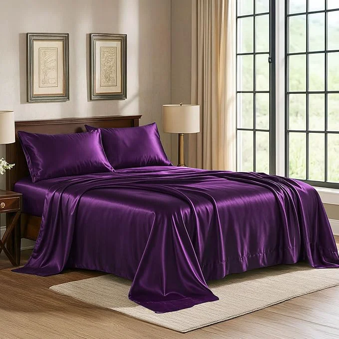 Trendy Satin Sheets Queen 4-Piece Purple Hotel Luxury Silky Bed Sheets – Extra Soft 1800 Microfiber Sheet Set Wrinkle Fade Stain Resistant – Deep Pocket Fitted Sheet Flat Sheet Pillow Cases Artisan