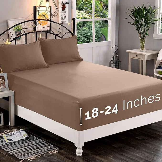 Fashionable Elegant Comfort 1500 Premium Quality Fitted Sheet Ultra Soft 18-24 Inch Extra Deep Pocket – Single Fitted Sheet for High Mattress – Wrinkle with Smart Storage Pockets King Taupe Practical
