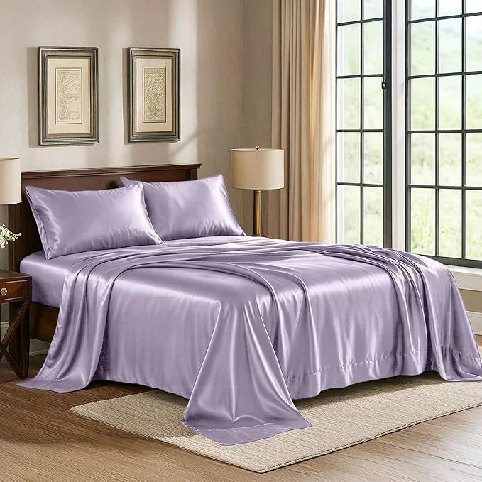 Fine Satin Sheets King 4-Piece Lavender Hotel Luxury Silky Bed Sheets – Extra Soft 1800 Microfiber Sheet Set Wrinkle Fade Stain Resistant – Deep Pocket Fitted Sheet Flat Sheet Pillow Cases Exceptional