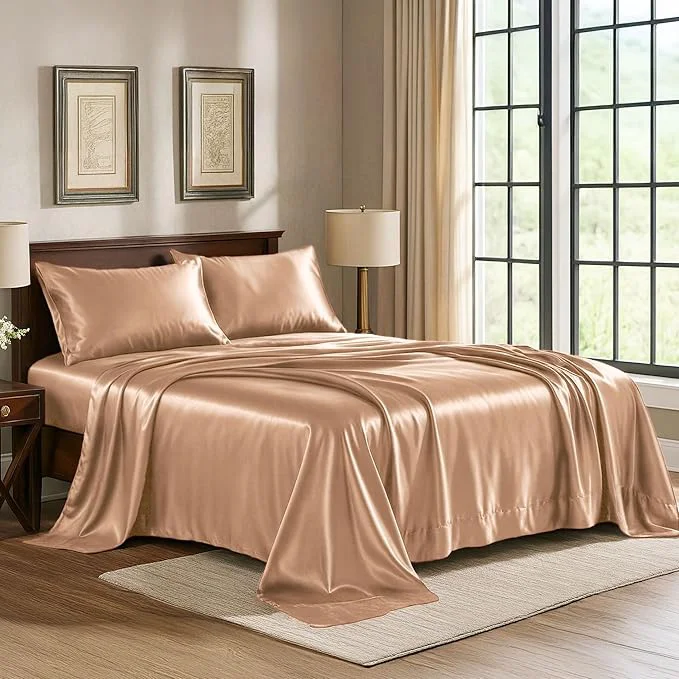 Satin Sheets Full 4-Piece Rose Gold Hotel Luxury Silky Bed Sheets – Extra Soft 1800 Microfiber Sheet Set Wrinkle Fade Stain Resistant – Deep Pocket Fitted Sheet Flat Sheet Pillow Cases Elite