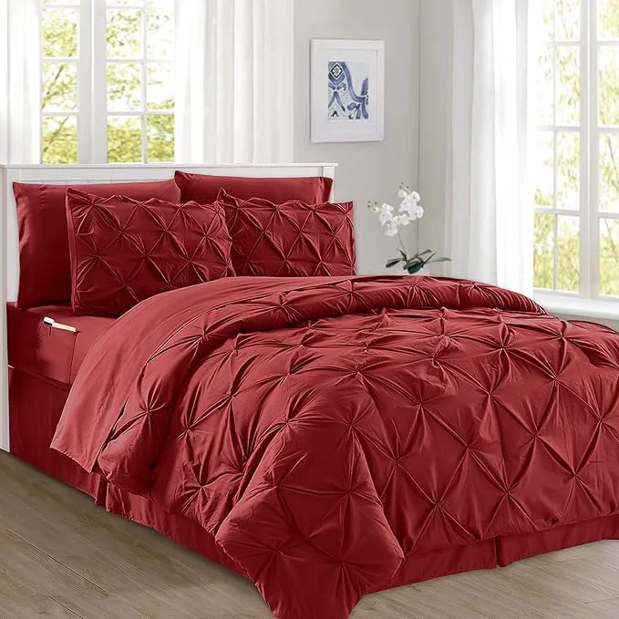Convenient Elegant Comfort 8-Piece Pinch Pleated Comforter Set – All Season Complete Bed in a Bag Includes 4pc Smart Sheet Set Bed Skirt Comforter Matching Pillowcases and Shams King Cal King Wine Red Authentic