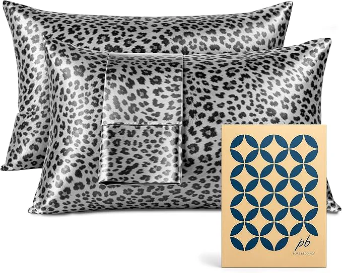 Reusable Pure Bedding Satin Pillowcase 2 Pack – King Size 20 quot x40 quot Silver Leopard – Silky Pillow Cases for Hair and Skin – Satin Pillow Covers with Envelope Closure – Extra Soft Premium Microfiber Elegant
