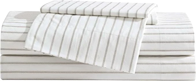 Classic Eddie Bauer – Full Sheet Set Cotton Percale Bedding Set Super Soft and Bedding Set Oeko-Tex Essential Stripe Beige Full Fine