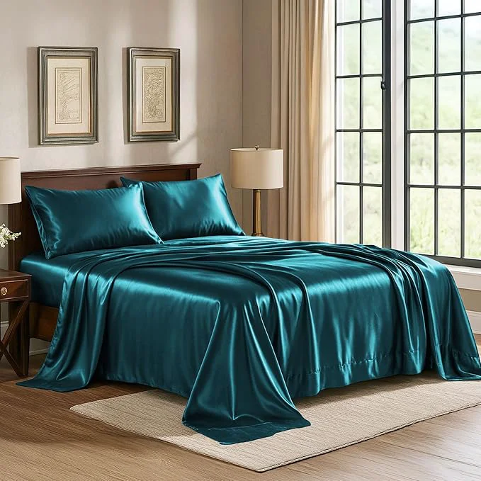 Dependable Satin Sheets Queen 4-Piece Teal Hotel Luxury Silky Bed Sheets – Extra Soft 1800 Microfiber Sheet Set Wrinkle Fade Stain Resistant – Deep Pocket Fitted Sheet Flat Sheet Pillow Cases Environmentally Friendly
