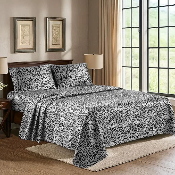 Safe Satin Sheets Queen 4-Piece Silver Leopard Hotel Luxury Silky Bed Sheets – Extra Soft 1800 Microfiber Sheet Set Wrinkle Fade Stain Resistant – Deep Pocket Fitted Sheet Flat Sheet Pillow Cases Optimized