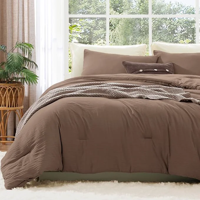 Pure WRENSONGE Queen Comforter Set – 3 Pieces Prewashed Brown Comforter Soft Lightweight for All Seasons Down Comforters Queen Size with 2 Pillow Shams Unique