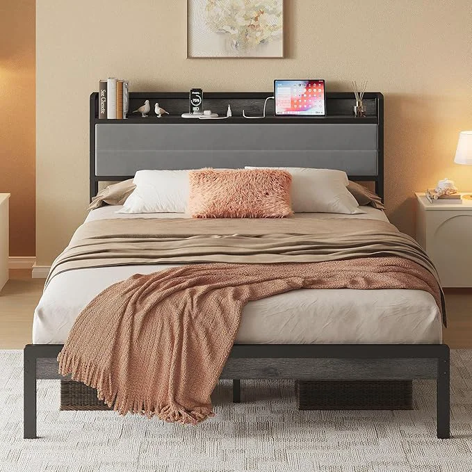 Sophisticated LIKIMIO Queen Bed Frame with Storage Headboard and LED Lights Metal Platform Bed with Charging Station Noise No Box Spring Needed Under Bed Storage Charcoal Gray Crafted