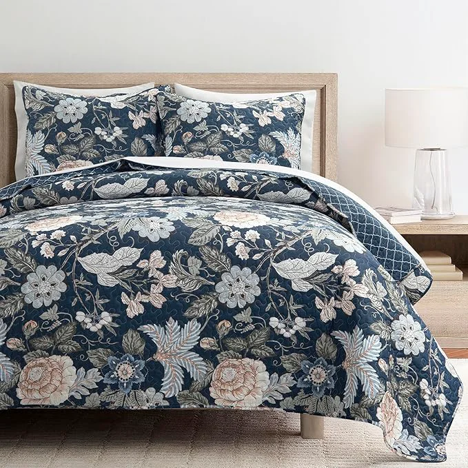 Natural Lush Decor Sydney Reversible Cotton Quilt Set 3 Piece Set Full Queen Navy amp Multi – Cotton Bedding Set – Navy Floral Quilt – Cottage Decor – Bedding Queen Size Fine