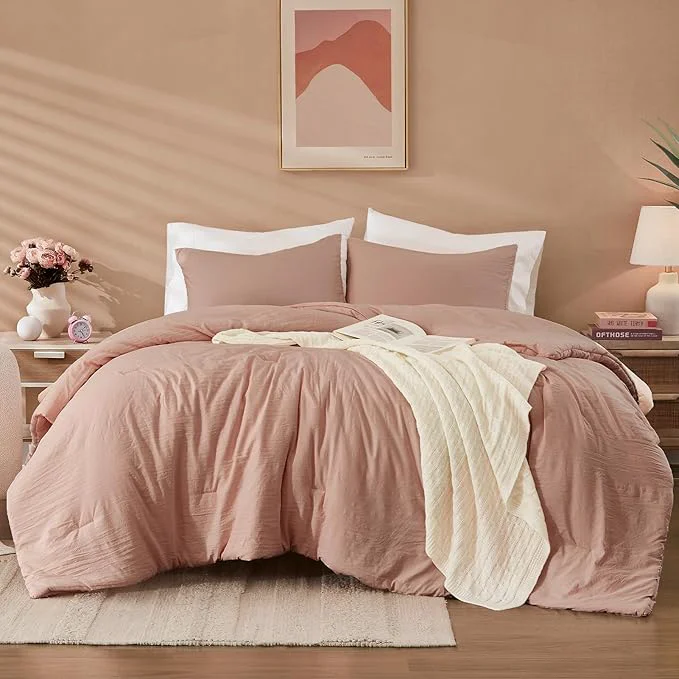 Secure WRENSONGE Full Size Comforter Sets – 3 Pieces Dusty Pink Comforter Prewashed Soft Lightweight for All Seasons Fluffy Down Comforter Full Size with 2 Pillow Shams Carefully Designed