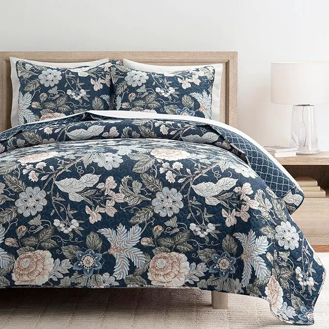 Practical Lush Decor Sydney Reversible Cotton Quilt Set 3 Piece Set King Navy amp Multi – Cotton Bedding Set – Navy Floral Quilt – Cottage Decor – Bedding King Size Breathable