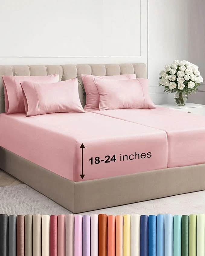 Extra Deep Split King Sheet Set – 7 Piece Breathable and Cooling Sheets – Hotel Luxury Bedding for Women Men Kids amp Teens – Easy Secure Fit – Soft and Wrinkle – Extra Deep Pockets – Baby Pink Elite