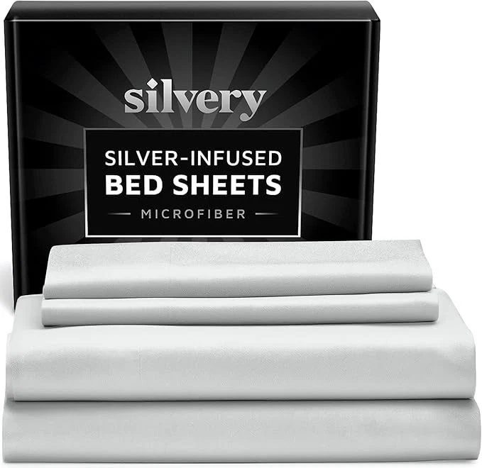 Environmentally Friendly Silvery Silver Infused Bed Sheets Set – Ultra-Soft Temperature-Regulating Fabric with Self-Cleaning Technology™ That Stays Fresh 3X Longer for Hygienic Sleep Fine