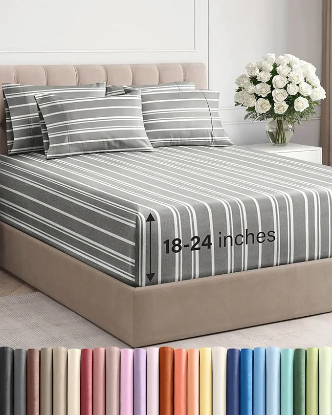 User-Friendly Extra Deep King Sheet Set – 6 Piece Breathable and Cooling Sheets – Hotel Luxury Bedding for Women Men Kids amp Teens – Easy amp Secure Fit – Soft and Wrinkle – Extra Deep Pockets – Grey Stripes Efficient