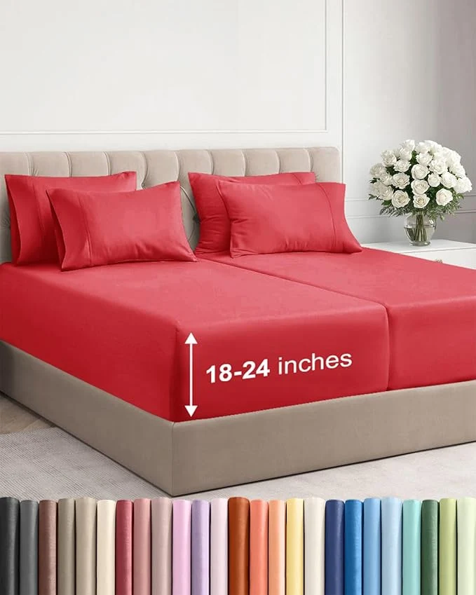 Quality Extra Deep Split King Sheet Set – 7 Piece Breathable and Cooling Sheets – Hotel Luxury Bedding for Women Men Kids amp Teens – Easy Secure Fit – Soft Wrinkle and Comfy – Extra Deep Pockets – Red Carefully Designed