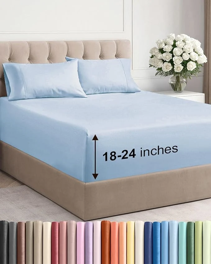 Exclusive Extra Deep Twin XL Sheet Set – 4 Piece Breathable and Cooling Sheets – Hotel Luxury Bedding for Women Men Kids amp Teens – Easy Secure Fit – Soft Wrinkle amp Comfy – Extra Deep Pockets – Sky Blue Artisan