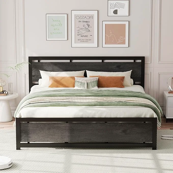 Comfortable LIKIMIO King Bed Frame with Headboard and Footboard Metal Strong Supports Easy Assembly Noise- No Box Spring Needed Charcoal Grey Modern