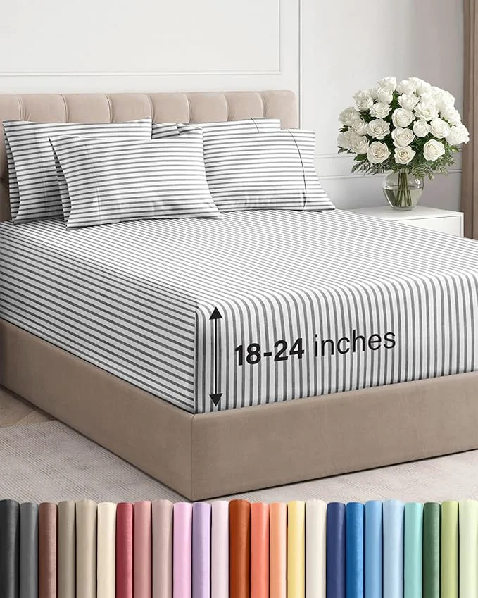 Proven Extra Deep Full Sheet Set – 6 Piece Breathable and Cooling Sheets – Hotel Luxury Bedding for Women Men Kids amp Teens – Easy amp Secure Fit – Soft and Wrinkle – Extra Deep Pockets – Grey Stripes Classic