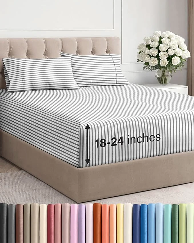 Carefully Designed Extra Deep Twin Sheet Set – 4 Piece Breathable and Cooling Sheets – Hotel Luxury Bedding for Women Men Kids amp Teens – Easy amp Secure Fit – Soft and Wrinkle – Extra Deep Pockets – Grey Stripes Trusted