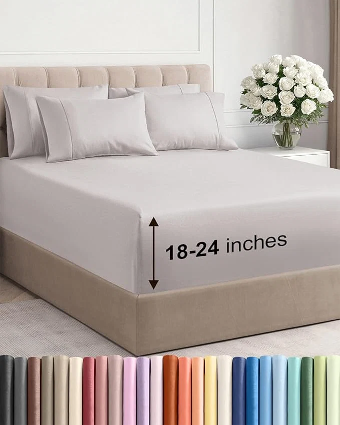 Flexible Extra Deep Queen Sheet Set – 6 Piece Breathable and Cooling Sheets – Hotel Luxury Bedding for Women Men Kids amp Teens – Easy Secure Fit – Soft Wrinkle amp Comfy – Extra Deep Pockets – Light Grey Versatile