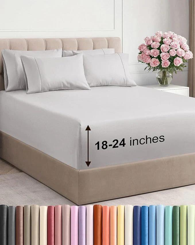 Crafted Extra Deep Full Sheet Set – 6 Piece Breathable and Cooling Sheets – Hotel Luxury Bedding for Women Men Kids amp Teens – Easy Secure Fit – Soft Wrinkle amp Comfy – Extra Deep Pockets – French Grey Selected