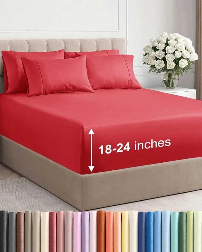 Easy-to-Use Extra Deep Full Sheet Set – 6 Piece Breathable and Cooling Sheets – Hotel Luxury Bedding for Women Men Kids amp Teens – Easy amp Secure Fit – Soft Wrinkle and Comfy with Extra Deep Pockets – Red Comfortable