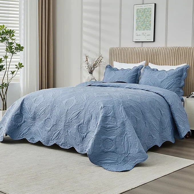 Unique Oversized Cal King Bedspreads 120×120 for Extra Tall Split California King Bed Lightweight Quilted Coverlet Set 3 Pieces 1 Quilt 2 Pillow Shams Faded Denim Official