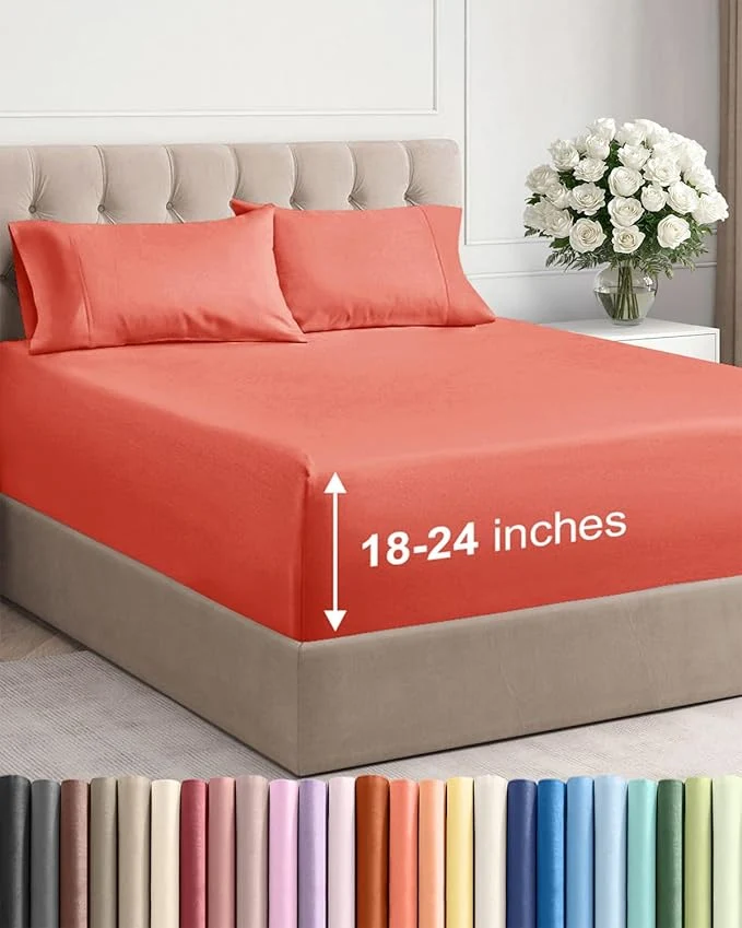 Traditional Extra Deep Twin Sheet Set – 4 Piece Breathable and Cooling Sheets – Hotel Luxury Bedding for Women Men Kids amp Teens – Easy amp Secure Fit – Soft Wrinkle and Comfy – Extra Deep Pockets – Coral Original Design