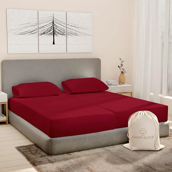 Trendy Good Sleep Bedding Split King Sheets Sets for Adjustable Bed Cotton Egyptian Cotton Sheets 5 Piece Cotton Split King Sheet Set Sateen Sheets 2 Fitted – 16 quot Deep Pocket Burgundy Responsible